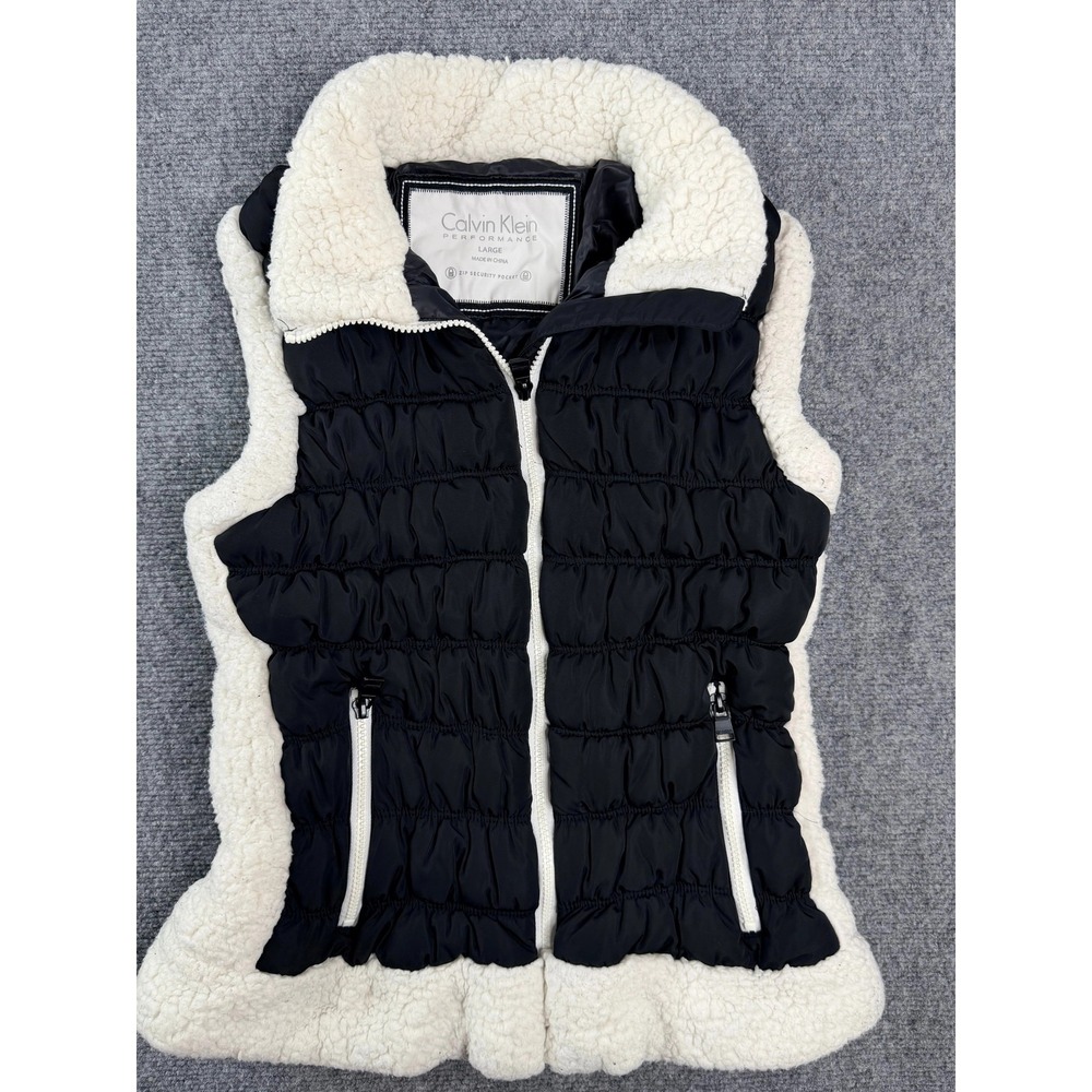 Calvin Klein Performance Womens Puffer Vest Large Black White Sherpa Trim Full